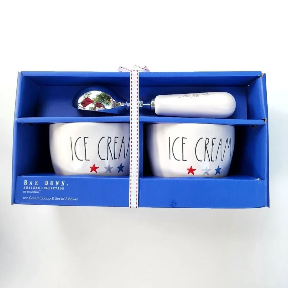 Rae Dunn Ice Cream Scoop And Two Ceramic Bowls Set of 3pcs Patriotic Celebration
